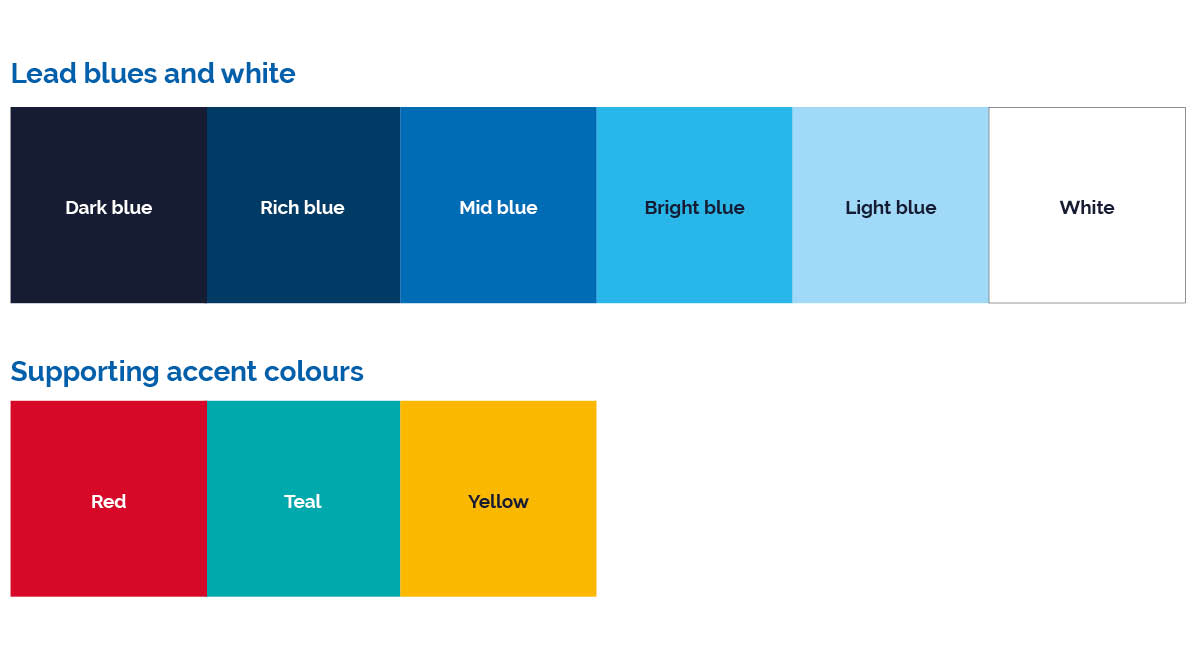 Colour swatches for the Newcastle University brand. Colour values are below. 